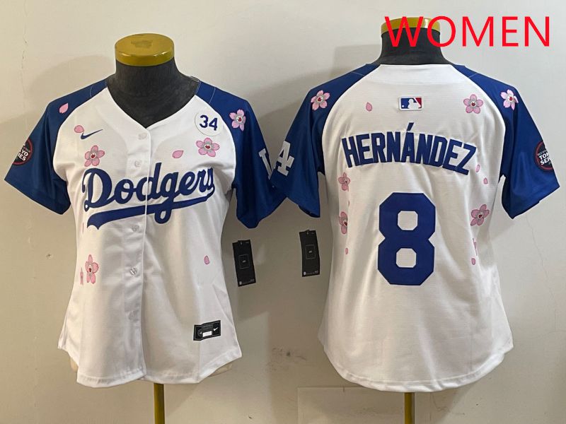 Women Los Angeles Dodgers 8 Hernandez White Blue Sakura Edition 2025 Nike MLB Jersey style 4